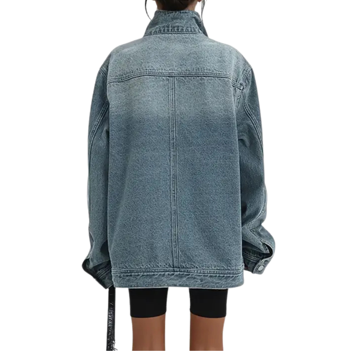 Dames Denim Jast met Asymmetrische Knopen en Staande Kraag
