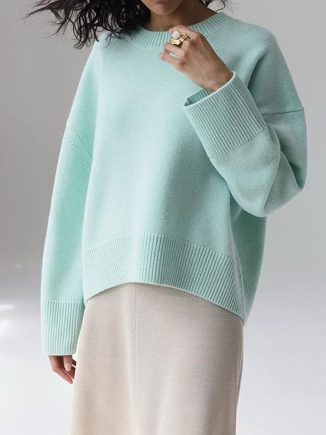 Dames Gebreide Pullover Trui met Ronde Hals en Rib Trim