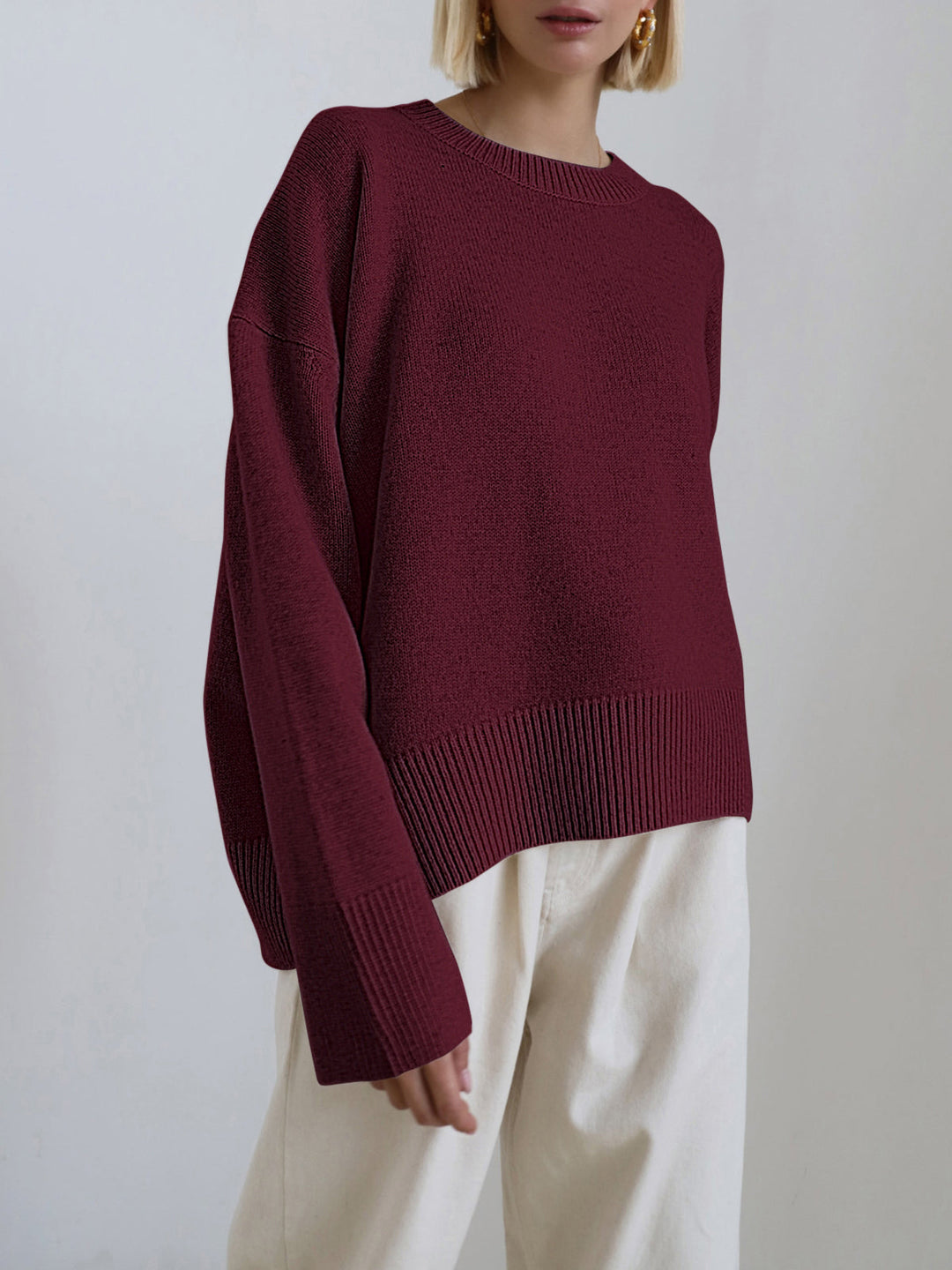 Dames Gebreide Pullover Trui met Ronde Hals en Rib Trim