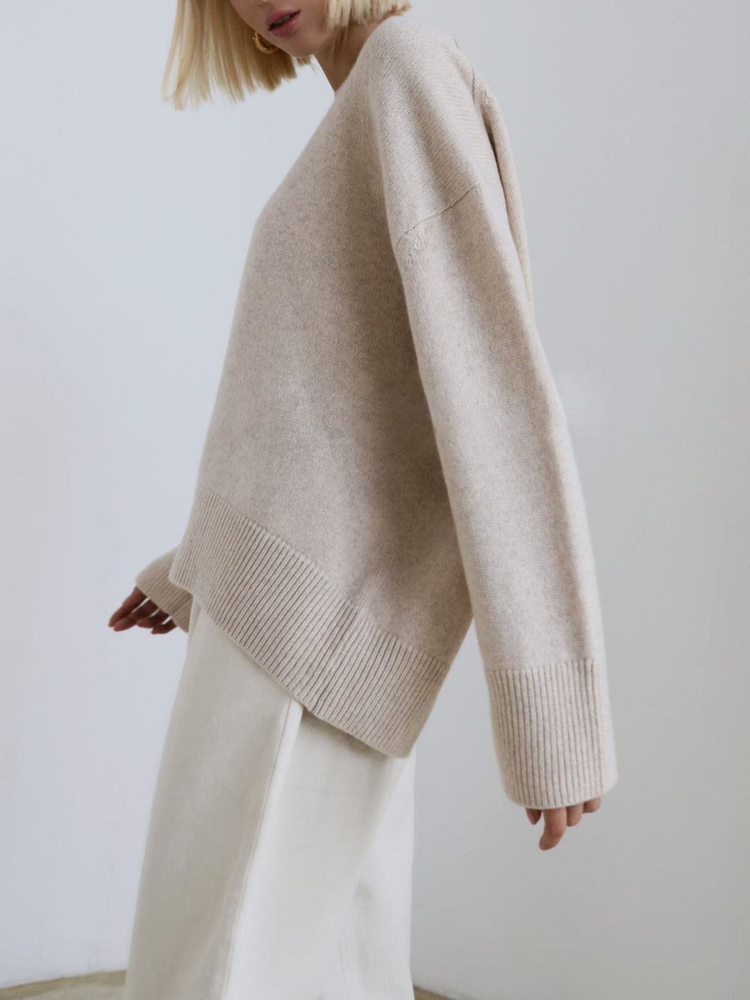 Dames Gebreide Pullover Trui met Ronde Hals en Rib Trim