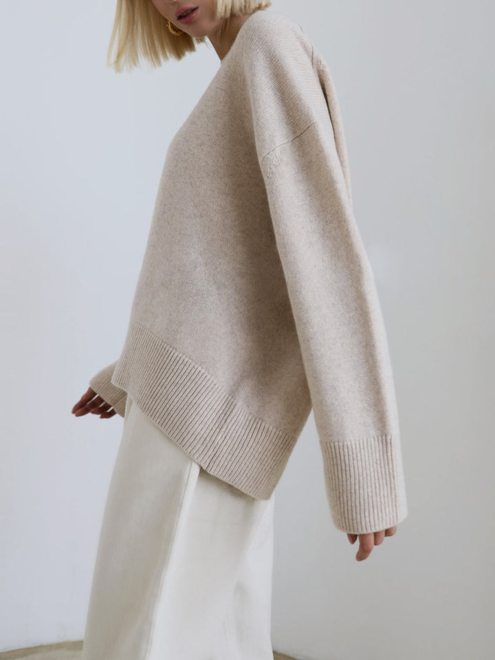 Dames Gebreide Pullover Trui met Ronde Hals en Rib Trim
