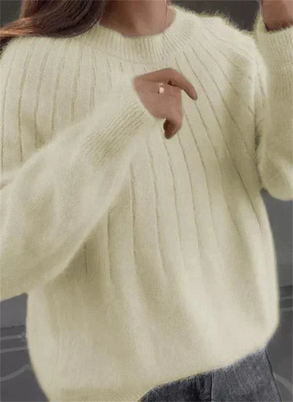Dames Gebreide Pullover Sweater met Ronde Hals en Geribbelde Zoom