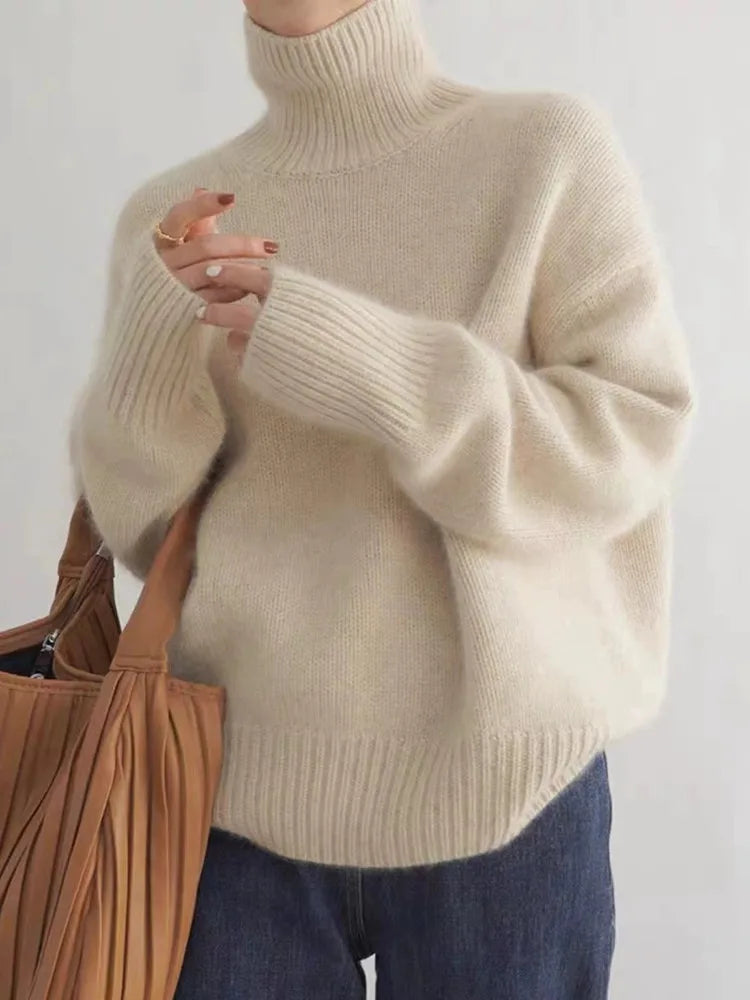 Dames Gebreide Pullover Sweater met Col en Geribbelde Afwerking