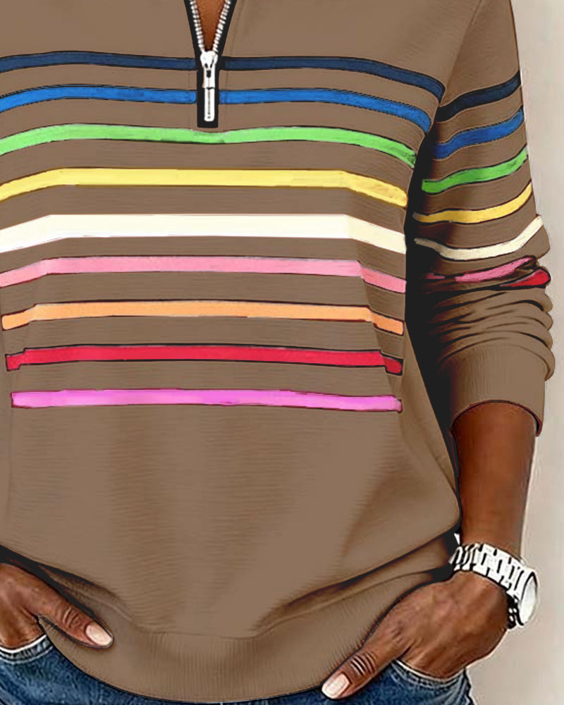Dames Gebreide Pullover met Kwart Rits en Gestreepte Banden