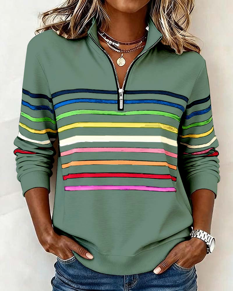 Dames Gebreide Pullover met Kwart Rits en Gestreepte Banden