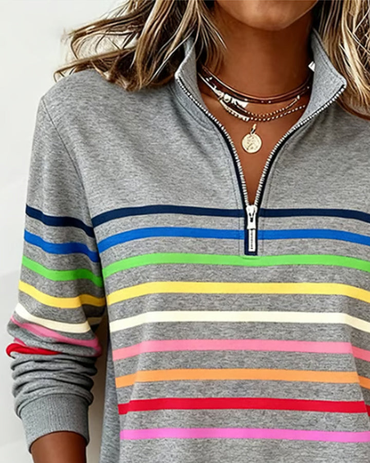 Dames Gebreide Pullover met Kwart Rits en Gestreepte Banden