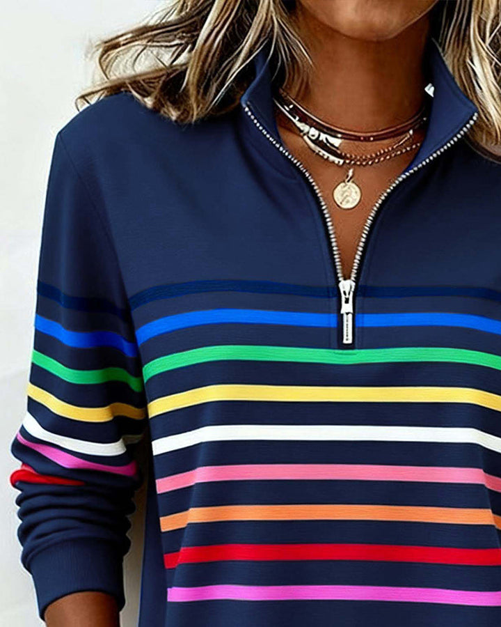 Dames Gebreide Pullover met Kwart Rits en Gestreepte Banden