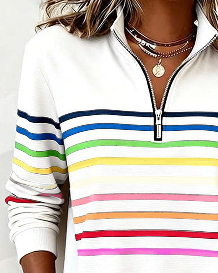 Dames Gebreide Pullover met Kwart Rits en Gestreepte Banden
