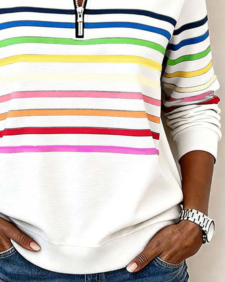 Dames Gebreide Pullover met Kwart Rits en Gestreepte Banden
