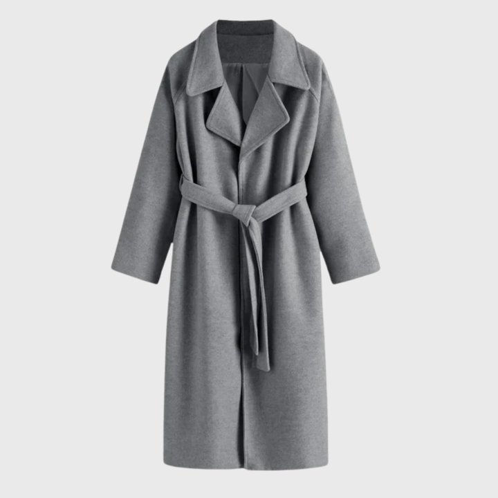 Dames Lange Blend Jas met Ingesneden Revers en Strikceintuur