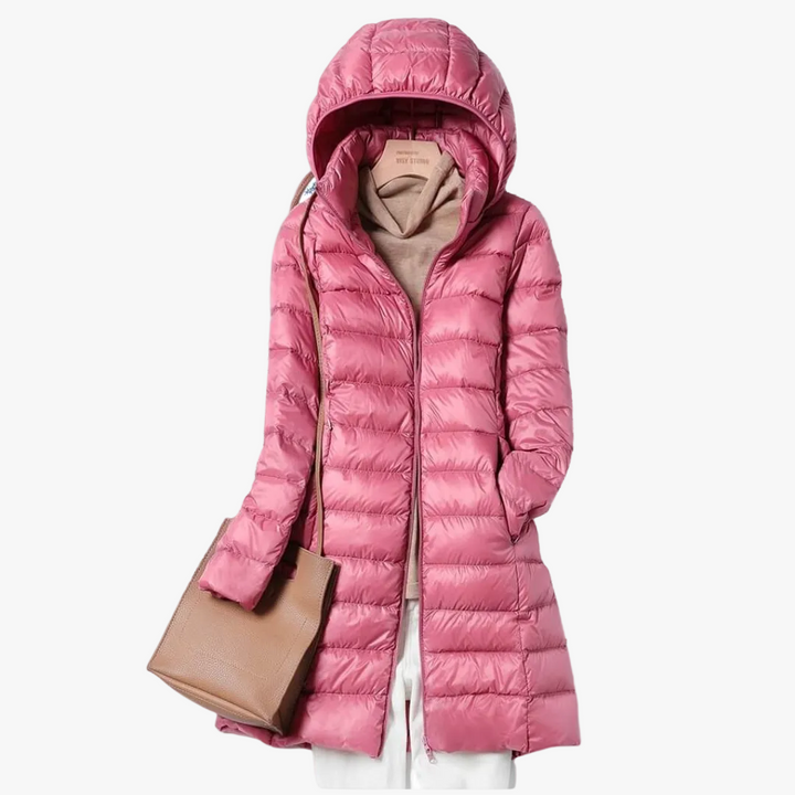 Dames Longline Nylon Puffer Jast met Kap en Rits Voorkant