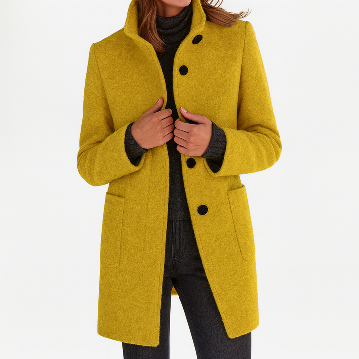 Dames Mid-Length Blend Jas met Opstaande Kraag en Paspelzakken