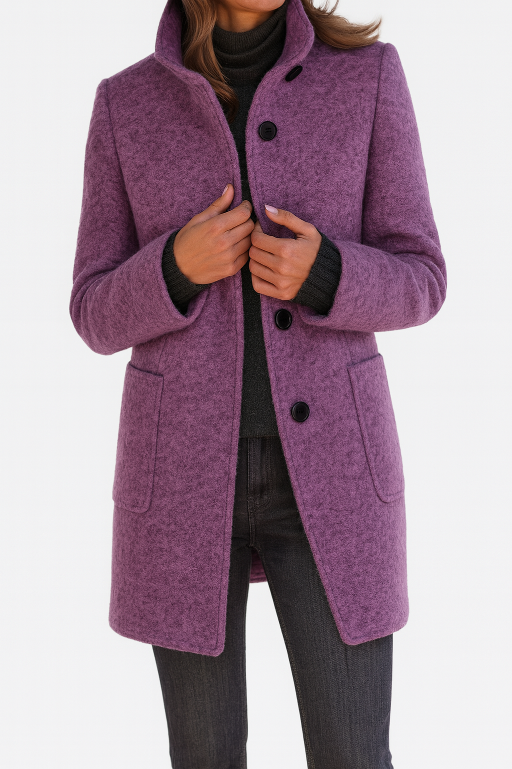 Dames Mid-Length Blend Jas met Opstaande Kraag en Paspelzakken