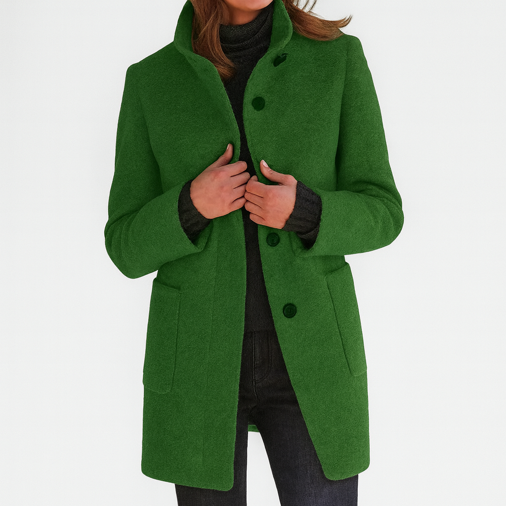 Dames Mid-Length Blend Jas met Opstaande Kraag en Paspelzakken