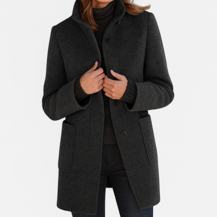 Dames Mid-Length Blend Jas met Opstaande Kraag en Paspelzakken