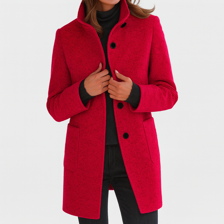 Dames Mid-Length Blend Jas met Opstaande Kraag en Paspelzakken