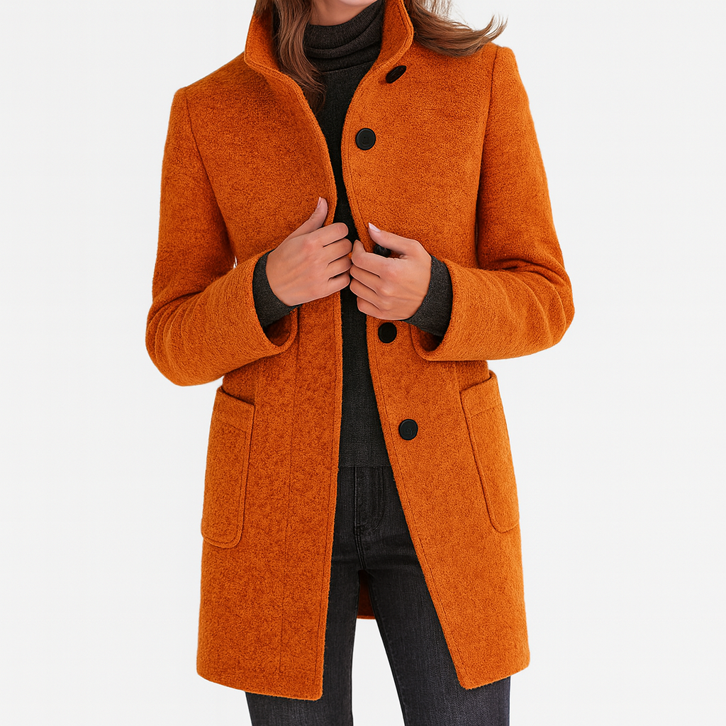 Dames Mid-Length Blend Jas met Opstaande Kraag en Paspelzakken