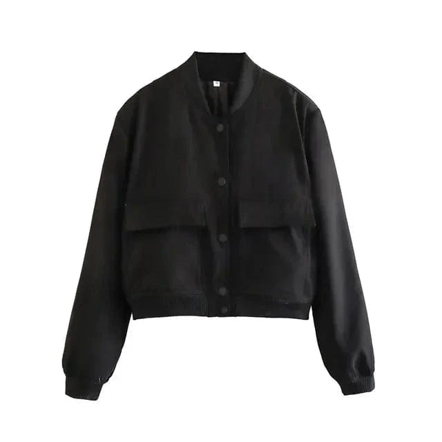 Dames Woven Bomberjack met Drukknoopsluiting en Geribbelde Afwerking