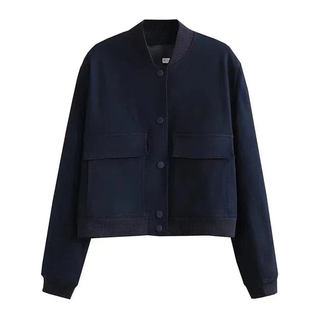 Dames Woven Bomberjack met Drukknoopsluiting en Geribbelde Afwerking